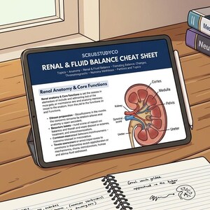 Pode incluir: Um tablet exibindo uma folha de consulta sobre equilíbrio renal e de fluidos da Scrubstudyco, com um diagrama de um rim com partes rotuladas como córtex, medula e pelve, ao lado de livros médicos, marcadores e um caderno em uma mesa de madeira.