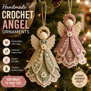 May include: Two handmade crochet angel ornaments hanging from twine. One angel is sage green with cream accents, and the other is dusty rose with cream accents. Both feature wooden bead heads, halo rings, floral embroidery, and small pearl-like beads.