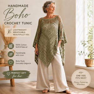 May include: An olive green crochet tunic with an intricate openwork pattern, featuring a wide boat neckline and a pointed hemline. The garment is worn over light beige wide-leg trousers. Text on the image reads HANDMADE Boho CROCHET TUNIC.