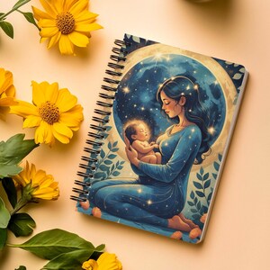 Könnte beinhalten: Ein spiralgebundenes Notizbuch mit einer Titelillustration einer Person mit langem dunklem Haar, die einen leuchtenden Säugling hält. Die Szene ist vor einem großen Mond und einem Sternenhimmel dargestellt, umgeben von gelben Blumen.