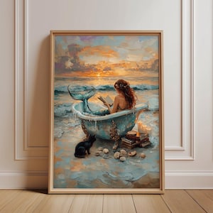May include: A framed oil painting depicting a mermaid with long auburn hair sitting in a light blue clawfoot bathtub on a sandy beach at sunset. A black cat sits nearby, and a stack of books with lit candles rests beside the tub near the ocean waves.