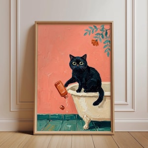 Black Cat Bathroom Art Print, Knocking Things Over, Soap Bottle Off Clawfoot Tub, Teal and Coral Wall Decor, Vintage Bath Humor Poster