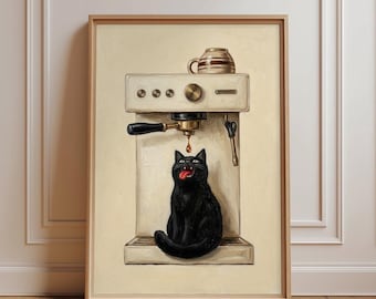 Könnte beinhalten: Ein gerahmter Kunstdruck, der eine cremefarbene Espressomaschine mit einer kleinen gestreiften Tasse oben zeigt. Eine schwarze Katze sitzt direkt unter dem Siebträger, das Maul offen und die Zunge herausgestreckt, um einen Kaffeetropfen aufzufangen.