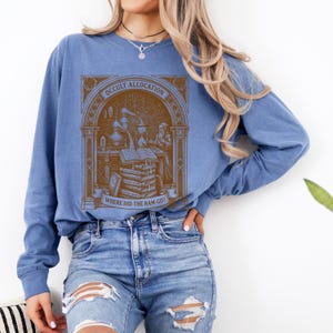 Puede incluir: Una sudadera azul de manga larga con cuello redondo y un estampado gráfico marrón de un alquimista en un marco arqueado. El texto dice OCCULT ALLOCATION en la parte superior y WHERE DID THE RAM GO? en la inferior, rodeando libros y cristalería.