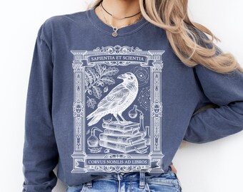 Dark Academia Raven Shirt Long Sleeve Book Lover Gift Gothic Literature Alchemist Top