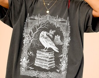 Raven on Books Shirt Dark Academia Clothing Edgar Allan Poe Graphic Tee Gothic Literature