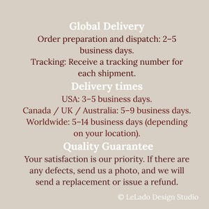 May include: A beige informational graphic with dark brown text detailing shipping policies. It includes sections titled Global Delivery, Delivery times, and Quality Guarantee, with specific business day estimates for the USA, Canada, UK, Australia, and worldwide.