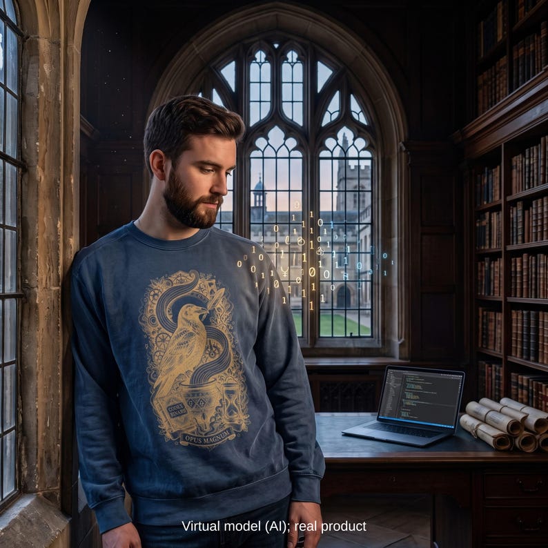 A software engineer in a historic library wearing a vintage programmer sweatshirt.