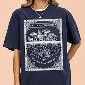 Navy blue mycology clothing t-shirt with a detailed white mushroom and digital nodes design.