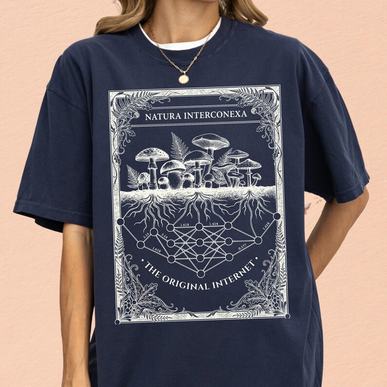 Navy blue mycology clothing t-shirt with a detailed white mushroom and digital nodes design.