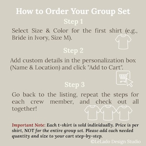 May include: An instructional graphic on a light beige background with white text titled How to Order Your Group Set. It outlines three steps for ordering custom t-shirts, including icons of a t-shirt and a shopping cart, plus a red text note.