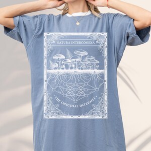 Denim blue software engineer t-shirt showing a white mushroom and computer science root design.