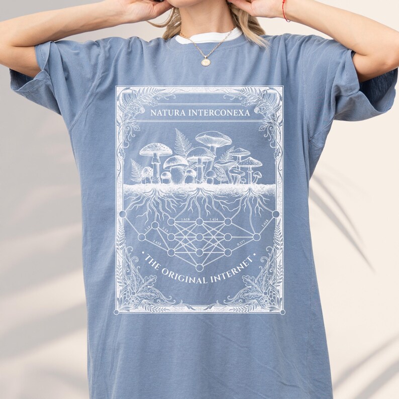 Denim blue software engineer t-shirt showing a white mushroom and computer science root design.