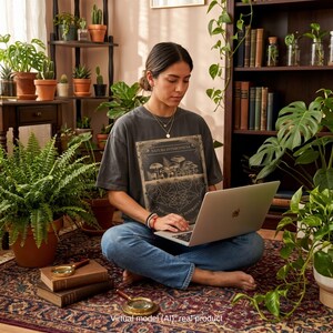 Programmer sitting with a laptop and plants wearing a dark pepper original internet tee.