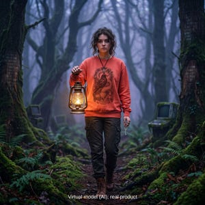A person walking in a foggy forest wearing a gothic tech clothing sweatshirt with a raven and binary code graphic.