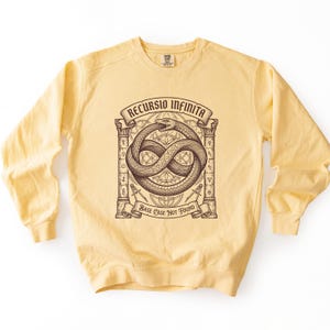 Puede incluir: Una sudadera de manga larga de color amarillo pálido con un estampado gráfico marrón oscuro de una serpiente Ouroboros formando un símbolo de infinito. El diseño incluye dos columnas, patrones geométricos y el texto "RECURSIO INFINITA" y "BASE CASE NOT FOUND".