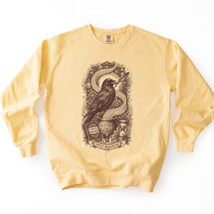 May include: A pale yellow long-sleeve sweatshirt featuring a dark brown graphic print of a raven perched on a cauldron, surrounded by gears, an hourglass, and a book labeled CODEX BINARI. A banner at the bottom displays the text OPUS MAGNUM.