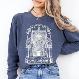Könnte beinhalten: Ein langärmeliges, schieferblaues Sweatshirt mit Rundhalsausschnitt und einem weißen Grafikdruck einer gotischen Architekturstruktur. Das Design enthält den Text ARCHITECTURA SYSTEMATIS, MICROSERVICES, API GATEWAY und CORE DATABASE.