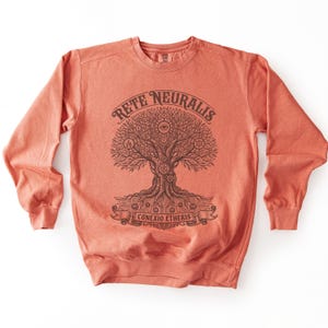 May include: A coral-coloured long-sleeve crewneck sweatshirt featuring a dark brown graphic print of a stylised tree with circuit board roots and branches. The text "RETE NEURALIS" appears above the tree, and "CONEXIO ETHERIS" is on a banner below.