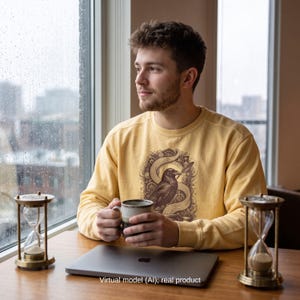 A young man sitting by a rainy window with coffee, wearing a vintage raven graphic yellow sweatshirt.