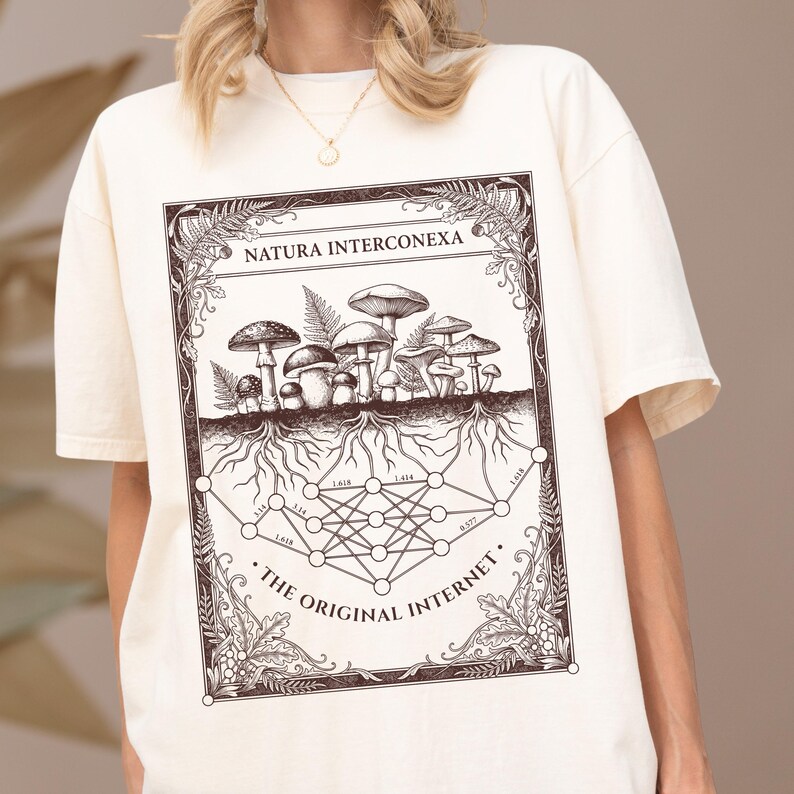 Cream ivory dark academia nature shirt featuring a dark brown original internet print.