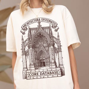 Puede incluir: Una camiseta color crema con un gráfico marrón oscuro de una catedral gótica. El texto ARCHITECTURA SYSTEMATIS, LOAD BALANCER, MICROSERVICES, API GATEWAY, CONTAINER ORCHESTRATION y CORE DATABASE está integrado en el diseño arquitectónico.