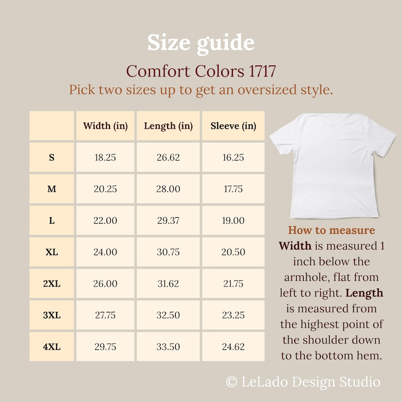 Op de afbeelding: Een maattabel voor een Comfort Colors 1717 t-shirt, met een tabel met breedte-, lengte- en mouwmaten in inches voor de maten S tot 4XL, naast een illustratie van een wit t-shirt en instructies voor het opmeten.