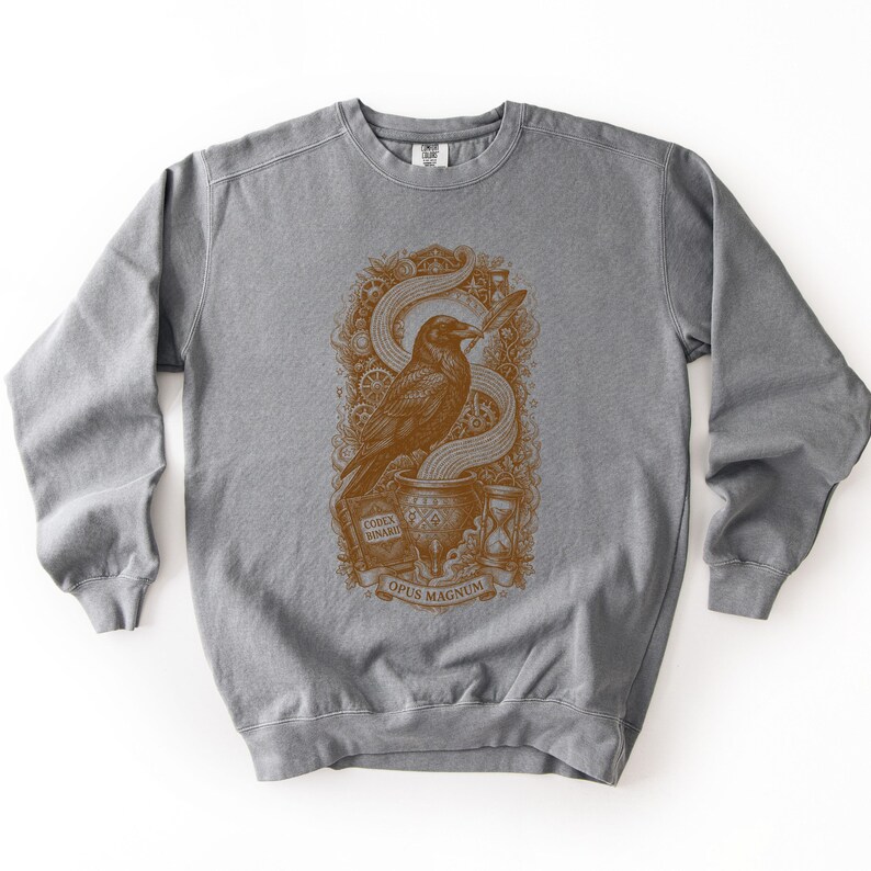 Light grey gothic tech clothing sweatshirt showcasing a brown vintage raven and clockwork illustration.