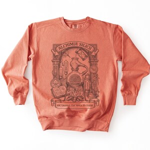 Puede incluir: Una sudadera de cuello redondo color coral con un estampado gráfico marrón oscuro de una escena de laboratorio alquímico, un matraz central sobre fuego, un libro abierto y el texto ALCHIMIA SILICII y WE TAUGHT THE ROCK TO THINK en pancartas.
