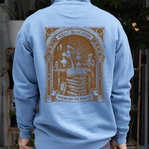 May include: A light blue hooded sweatshirt featuring a brown graphic print on the back. The design depicts an arched laboratory scene with a figure, books, and glassware, including the text "OCCULT ALLOCATION" and "WHERE DID THE RAM GO?"