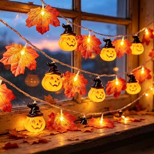 Halloween Pumpkin Maple Leaf String Lights, Fall LED Fairy Lights, Autumn Thanksgiving Home Window Decor Lights