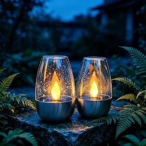 May include: Two teardrop-shaped solar lanterns with clear glass tops featuring a speckled pattern and metallic silver bases. Each lantern contains a warm, glowing LED flame-shaped light inside, creating a soft illumination against the dark.