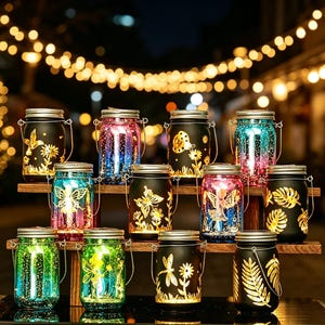 Gebrandschilderde glazen pot met solarverlichting, vlinder-, libelle- en engelenlamp voor buiten op zonne-energie, gekleurde glazen pot met solardecoratie voor terras en tuin