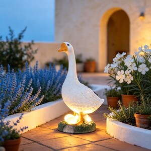 Solar White Goose Garden Statue Light, Resin Solar Powered Goose Figurine with Glowing Eggs, Cottage Yard Decor, Housewarming Gift