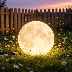 May include: A spherical moon lamp with a textured, cratered surface emitting a warm, golden glow. The lamp rests in a patch of green grass dotted with small white daisy flowers, with tiny floating light particles surrounding the sphere.