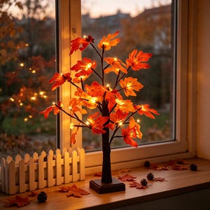 Pode incluir: Uma árvore decorativa de mesa com ramos castanhos escuros adornados com folhas de ácer vibrantes em tons de laranja e vermelho. Pequenas luzes LED brancas quentes estão intercaladas na folhagem, criando um efeito brilhante. A árvore assenta numa base quadrada.