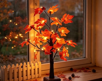Maple Tree Light, Autumn Maple Leaf Table Lamp, Fall Harvest Decor LED Tree Light, Thanksgiving Home Desk Ornament