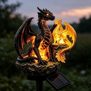 Puede incluir: Un adorno de jardín solar con un gran dragón negro con grietas naranjas brillantes y un dragón dorado más pequeño sobre una base rocosa. El dragón negro tiene ojos de color naranja brillante y ambas figuras emiten una luz cálida interna.