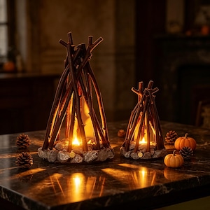 Peut inclure: Deux lanternes décoratives en forme de feu de camp, composées de brindilles brun foncé disposées en tipi sur une base de pierres grises. Chaque lanterne contient une source lumineuse chaude. Des pommes de pin et deux mini citrouilles orange.
