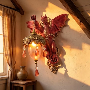 Könnte beinhalten: Eine Wandleuchte mit einer skulptierten roten Drachenfigur, die eine hängende Laterne hält. Die Laterne hat einen verzierten goldfarbenen Metallaufsatz, einen mattierten Glasschirm und mehrere hängende tropfenförmige Kristalle in Rot-Orange.