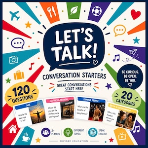 Op de afbeelding: Een Let's Talk! gespreksstarter kaartspeldoos met een donkerblauwe tekstballon en witte tekst. Het ontwerp bevat kleurrijke radiale strepen, iconen en vier voorbeeldkaarten met categorieën zoals leeftijd, mode, beroemde mensen en entertainment.