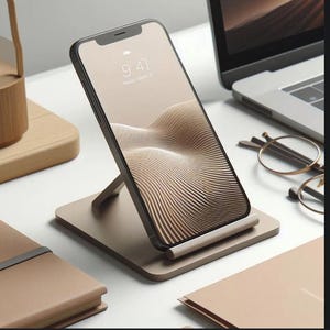 Könnte beinhalten: Ein Smartphone mit einem beigen und braunen abstrakten Wellenmuster auf dem Bildschirm steht auf einem matten, beigen Metallständer. Das Gerät zeigt die Uhrzeit 9:41 und ein Datum an. Der Ständer hat eine flache, rechteckige Basis und einen verstellbaren Stützarm.