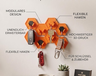 ModuHex Modular Key System - 10-piece set (5 orange, 5 black) | Wall key holder, organizer, 3D printed, hexagon