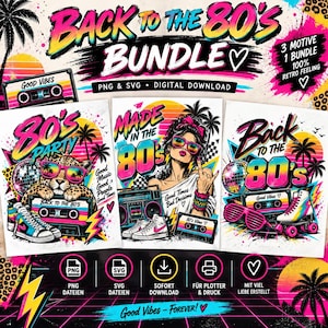 80er Jahre SVG PNG Bundle | 3 Retro Designs | Back to the 80s |  Neon Vintage Party | Kassette Rollschuhe Plotterdatei