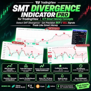 May include: A digital graphic for the SMT Divergence Indicator Pro for TradingView, featuring financial charts with buy and sell signals, SMT divergence, and market structure shift labels. Includes a feature list and icons for futures, forex, crypto, and indices.
