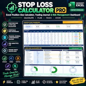 Op de afbeelding: Een digitaal Stop Loss Calculator Pro-spreadsheet voor Microsoft Excel met een dashboard voor portefeuillerisico's, een handelsdagboek en tools voor risicobeheer. De interface toont financiële gegevens, risicometriek en prestatiegrafieken voor aandelen, forex en crypto.