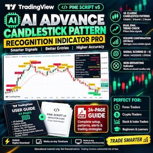 May include: A digital product advertisement for an AI Advance Candlestick Pattern Recognition Indicator Pro for TradingView. It features a candlestick chart, a 24-page user guide, and a list of features including 18 patterns and signal scoring.