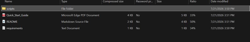 May include: A digital file directory view displaying a folder named scripts, a Microsoft Edge PDF document titled Quick_Start_Guide, a Markdown source file named README, and a text document named requirements, all dated 21/07/2026.