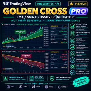 Może przedstawiać: Cyfrowy pulpit nawigacyjny dla wskaźnika Golden Cross Pro Pine Script v5, zawierający dwa wykresy finansowe z sygnałami przecięcia EMA i SMA, dane o trendach oraz listę funkcji technicznych, takich jak filtry RSI i alerty.