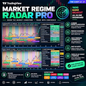 May include: A digital dashboard titled Market Regime Radar Pro displaying financial market data, including two candlestick charts for US 100 Cash and Bitcoin, color-coded regime classification tables, and a list of features like 5-engine classification.